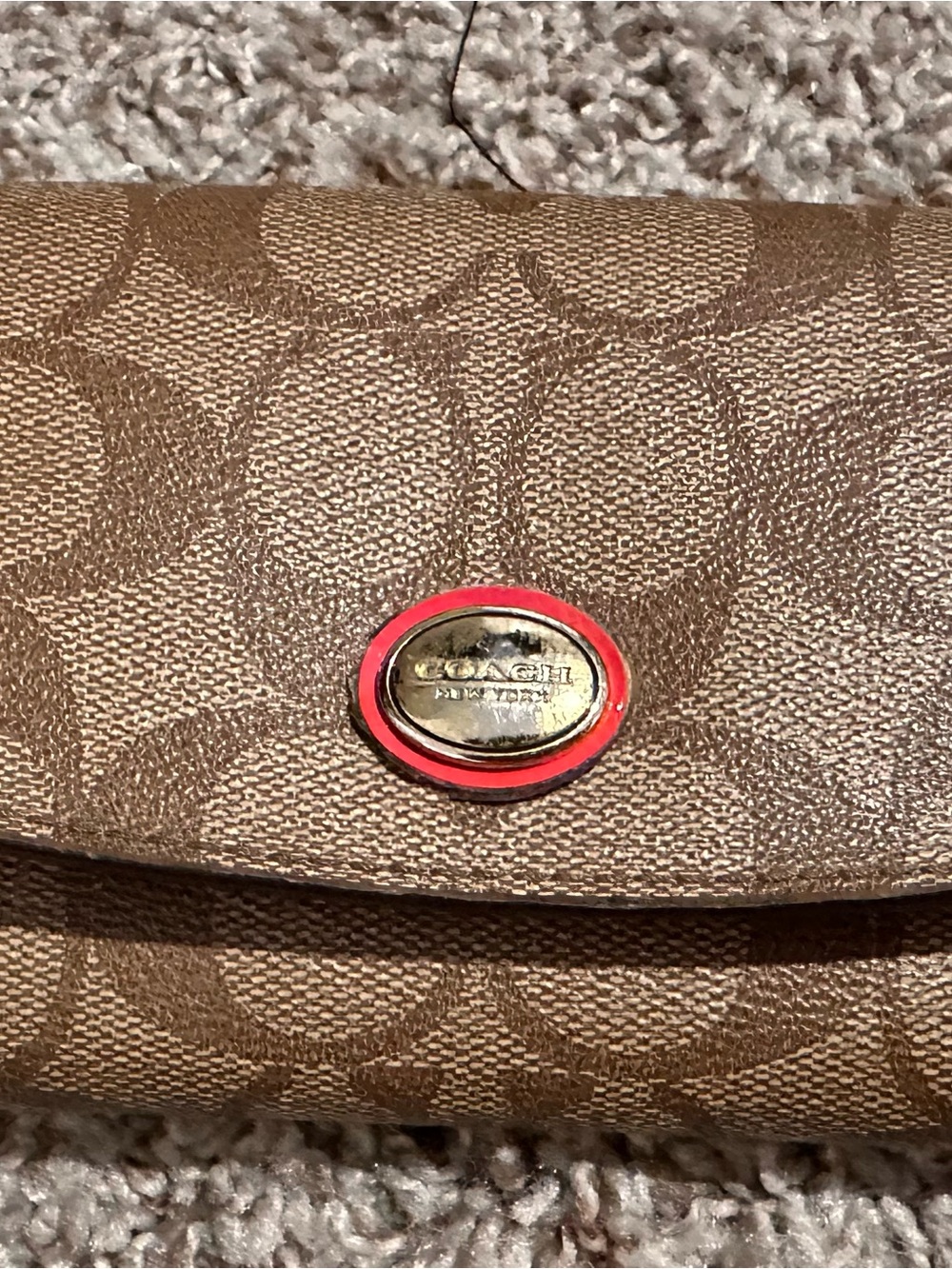 Vintage Coach Brown Signature Canvas Wallet with Red Trim and Gold Hardware